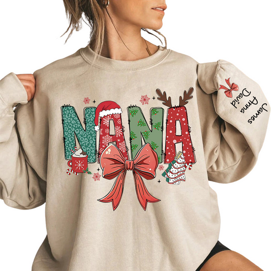 Personalized Christmas Nana Coquette Shirt, Custom Mama Claus Christmas Tree Cake Coquette Bow Candy Cane Santa Hot Cocoa Shirt