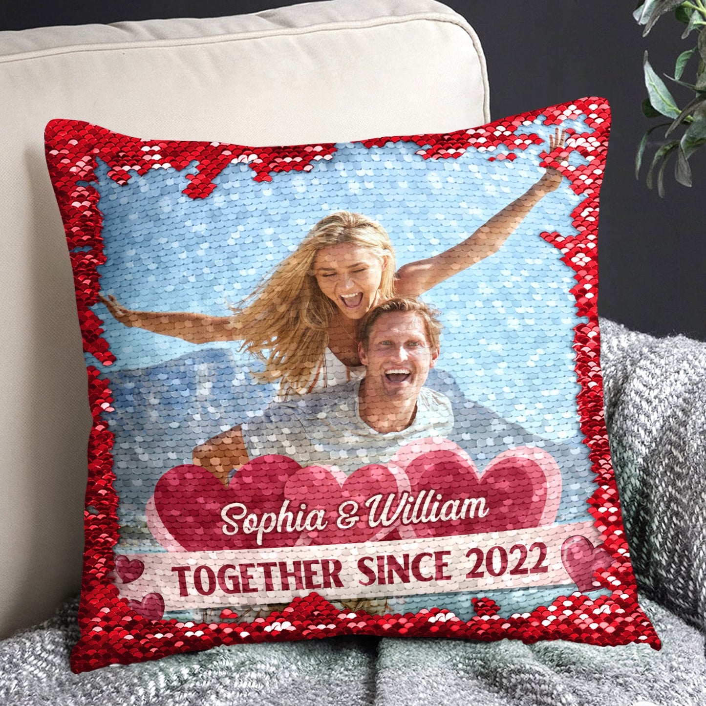 Custom Photo Together Since - Gift For Couples, Husband And Wife - Personalized Sequin Pillow, Mermaid Sequin Cushion Magic Reversible Throw Pillow