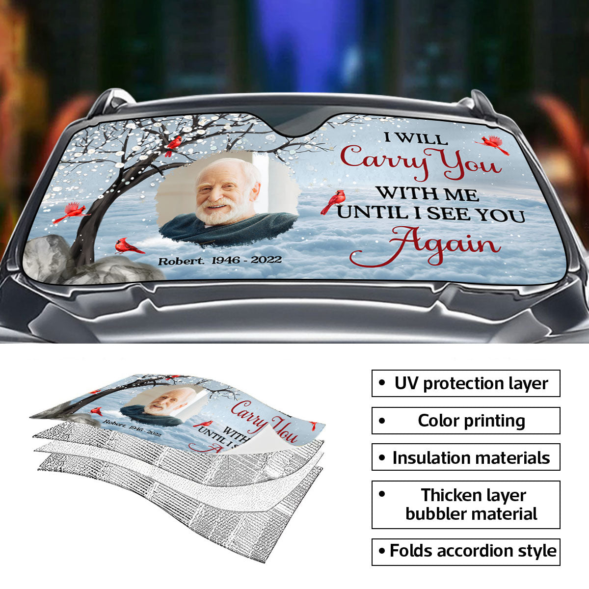 Carry You With Me Photo Memorial Personalized Car Sunshade, Sympathy Gift