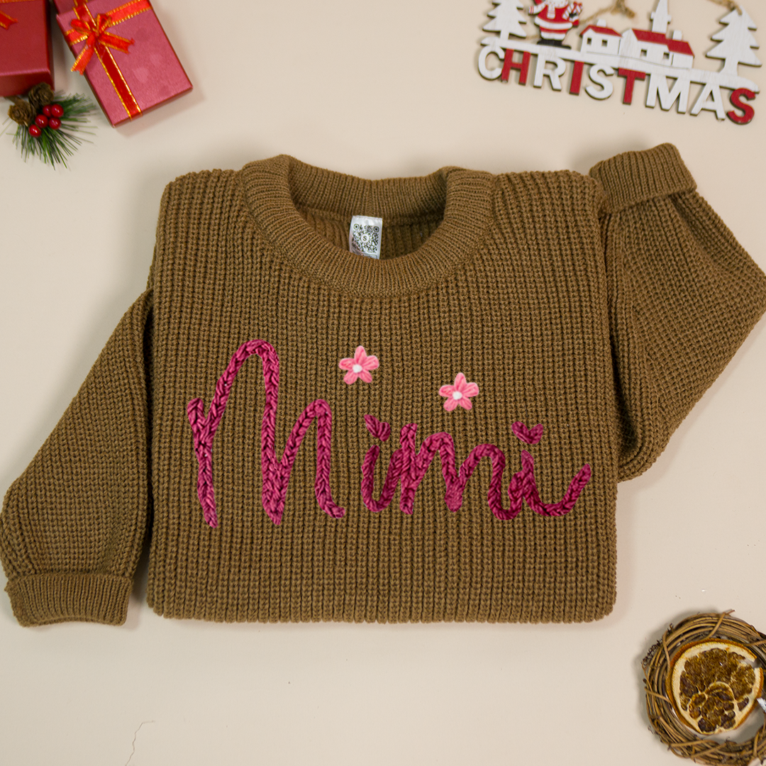 Custom Hand-Embroidered Knitted Sweater - Personalized Name Sweater for Grandma, Mimi, or Nana - Soft and Cozy Gift for Grandparents