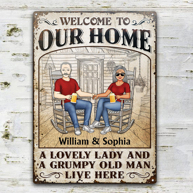 Family Couple A Lovely Lady And A Grumpy Old Man Live Here - Gift For Couples - Personalized Custom Classic Metal Signs