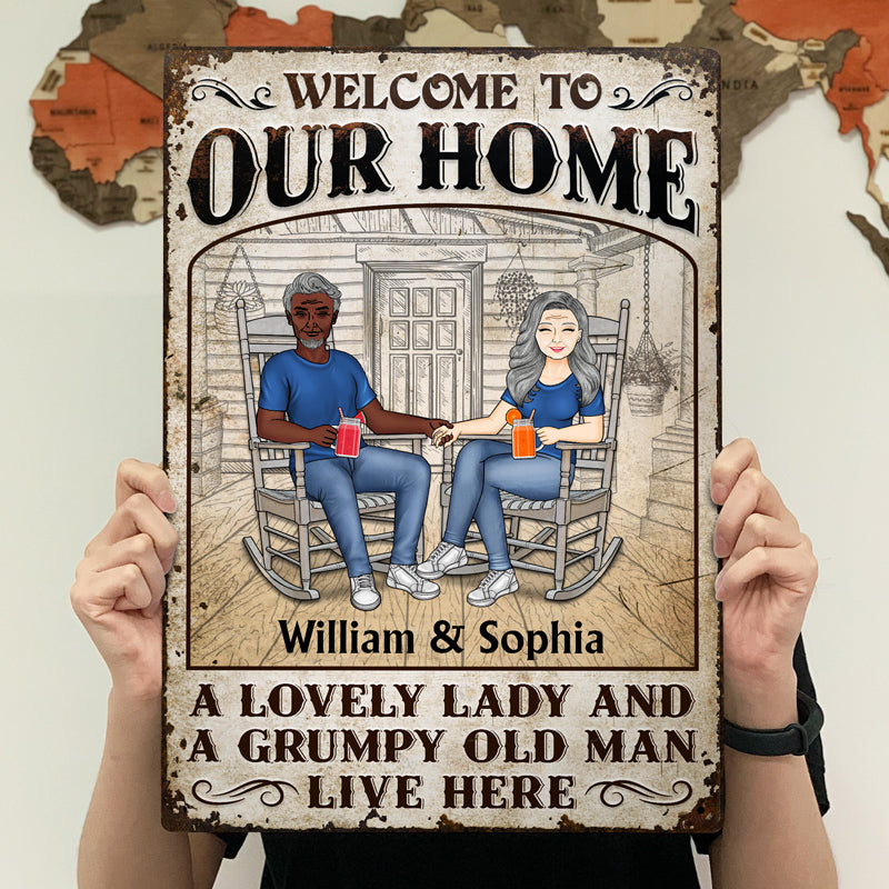 Family Couple A Lovely Lady And A Grumpy Old Man Live Here - Gift For Couples - Personalized Custom Classic Metal Signs