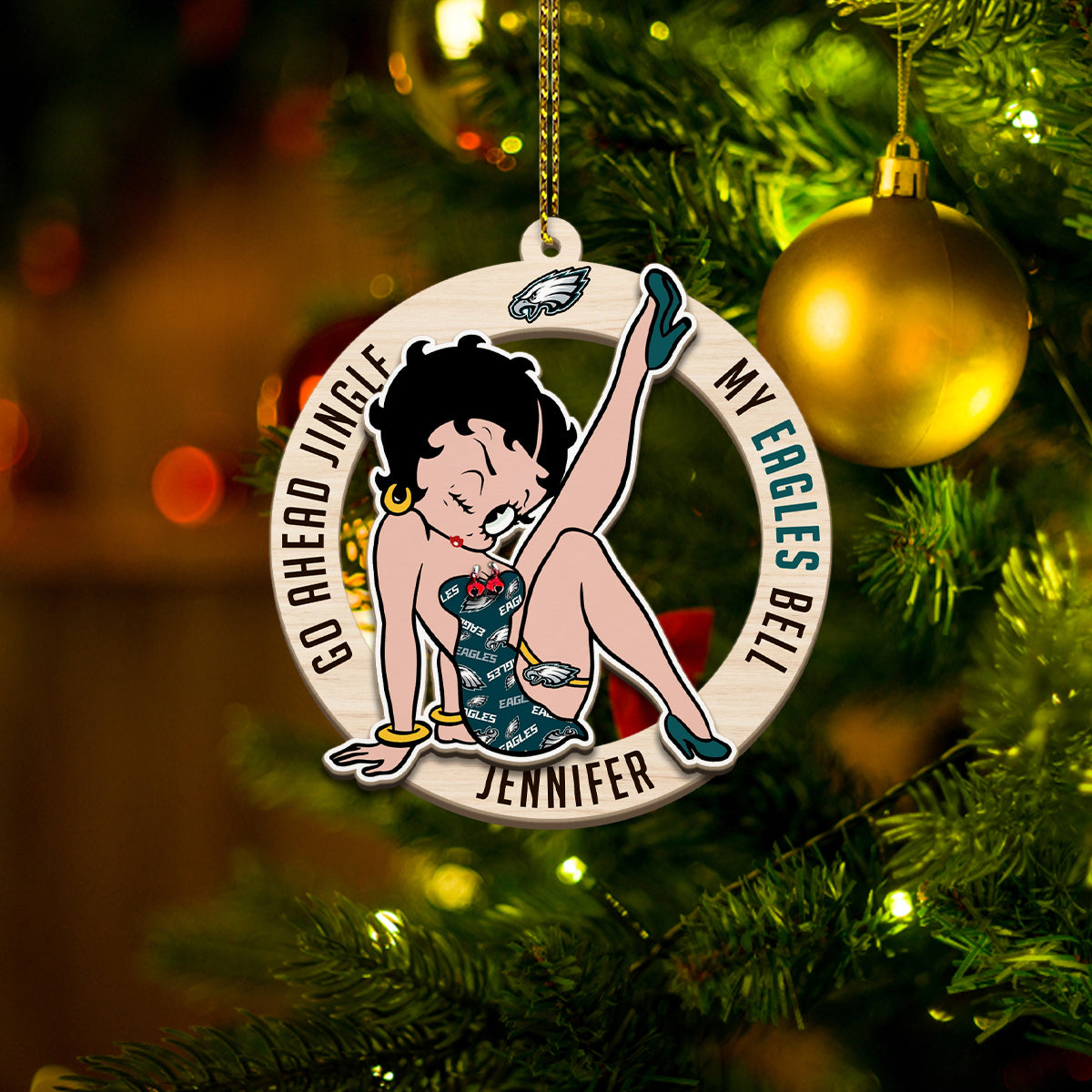 Personalized Name & Football Team x Betty Boop - 2 Layers Wooden Jingle Bells Ornament - 411MCHNOR031