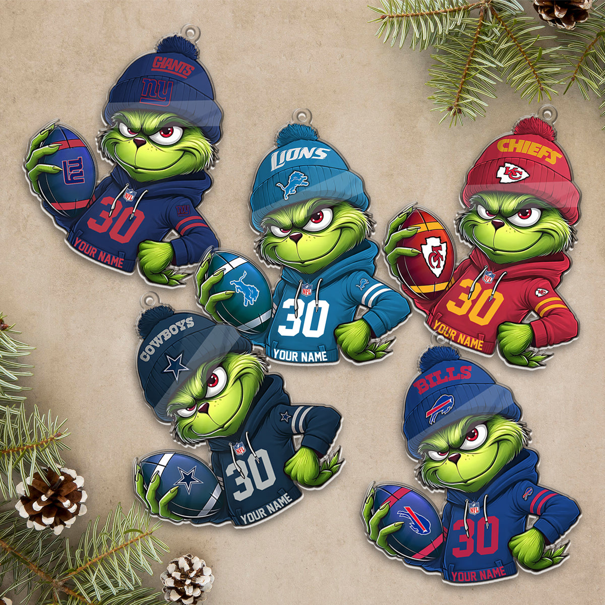 Personalized Grinch NFL Christmas 1 Layer Acrylic Ornament - 410HLHNOR008