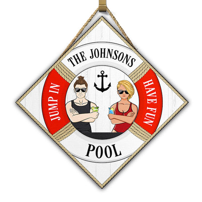 Jump In Have Fun - Swimming Pool Decoration For Couple - Personalized Custom Shaped Wood Sign