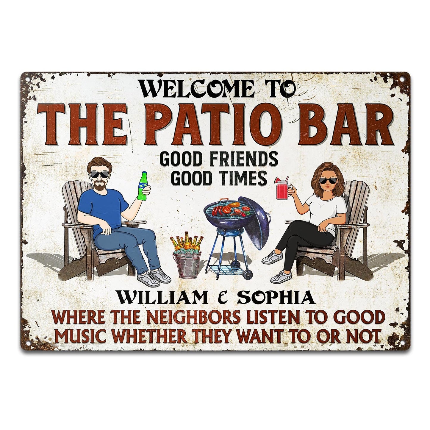 Patio Grilling Listen To The Good Music Couple Husband Wife - Backyard Sign - Personalized Custom Classic Metal Signs