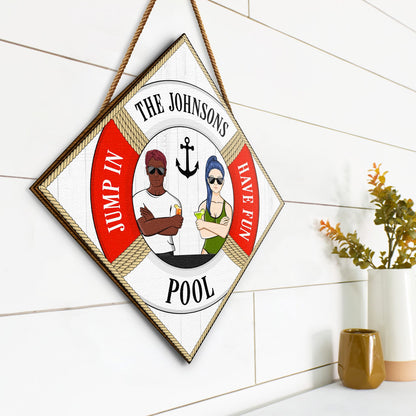 Jump In Have Fun - Swimming Pool Decoration For Couple - Personalized Custom Shaped Wood Sign