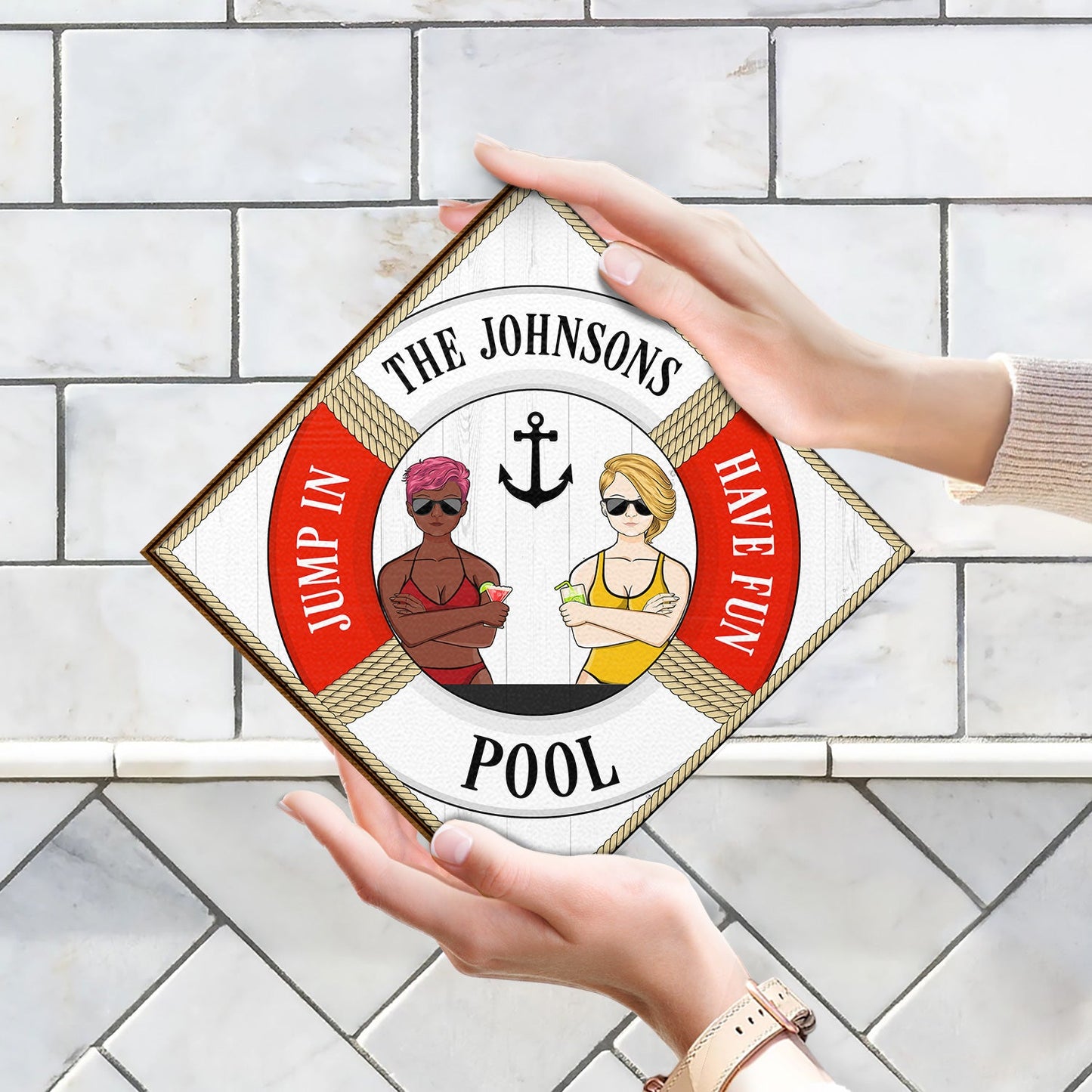 Jump In Have Fun - Swimming Pool Decoration For Couple - Personalized Custom Shaped Wood Sign