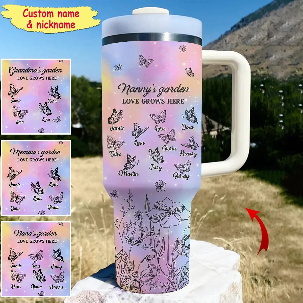 Mom Grandma's Garden Little Butterfly - Personalized 40 Oz Stainless Steel Tumbler With Handle 40oz Tumbler The Next Custom Gift