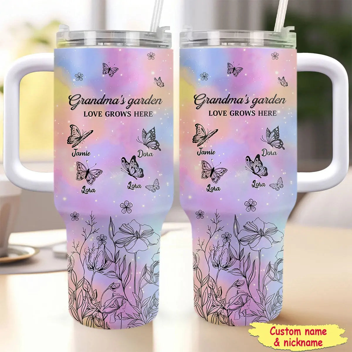 Mom Grandma's Garden Little Butterfly - Personalized 40 Oz Stainless Steel Tumbler With Handle 40oz Tumbler The Next Custom Gift