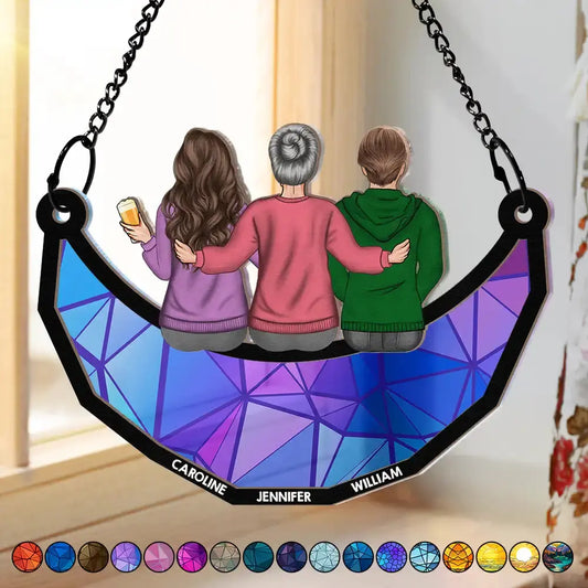 Mom & Children Sitting On The Moon - Personalized Window Hanging Suncatcher Ornament Hanging Suncatcher Ornament The Next Custom Gift