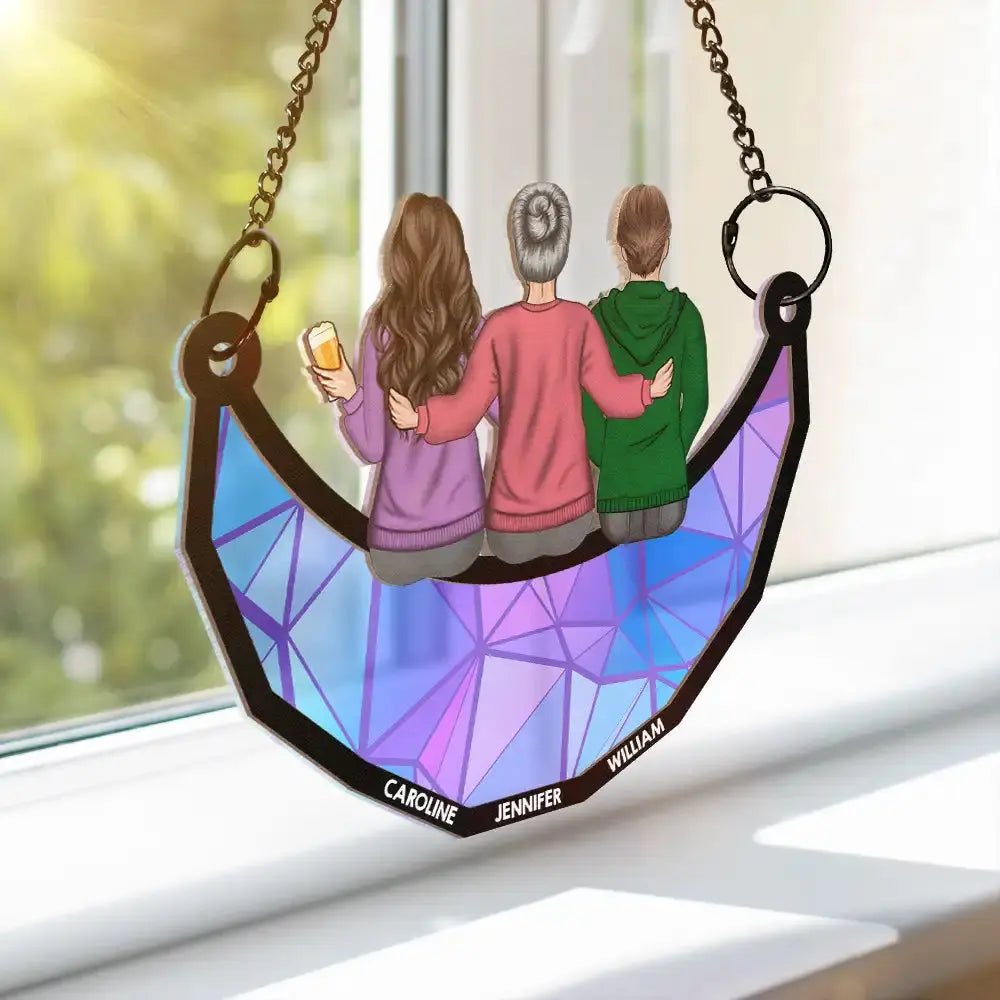 Mom & Children Sitting On The Moon - Personalized Window Hanging Suncatcher Ornament Hanging Suncatcher Ornament The Next Custom Gift