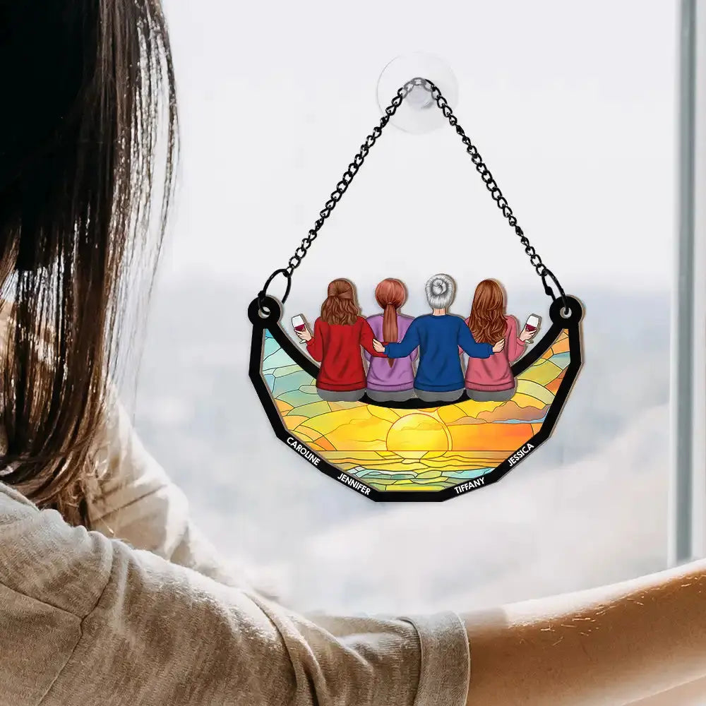 Mom & Children Sitting On The Moon - Personalized Window Hanging Suncatcher Ornament Hanging Suncatcher Ornament The Next Custom Gift