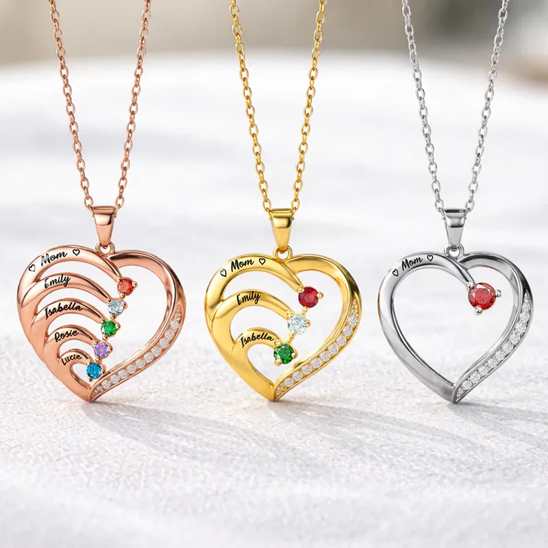 Mom Daughters Custom Name Gemstones Jewelry - Personalized Birthstone Heart Necklace