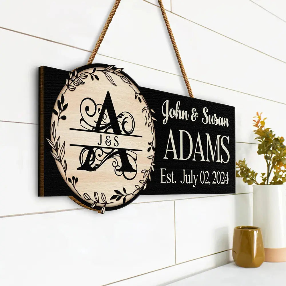 Monogram Wedding Gift Happily Married - Personalized Custom Shaped Wood Sign Wood Sign The Next Custom Gift