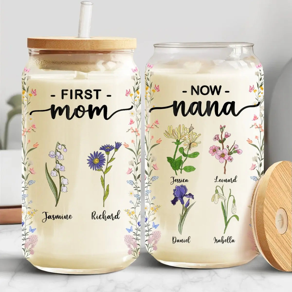 Mother - First Mom Now Grandma Birth Month Flowers - Personalized Clear Glass Can Glass Can The Next Custom Gift