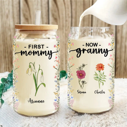 Mother - First Mom Now Grandma Birth Month Flowers - Personalized Clear Glass Can Glass Can The Next Custom Gift