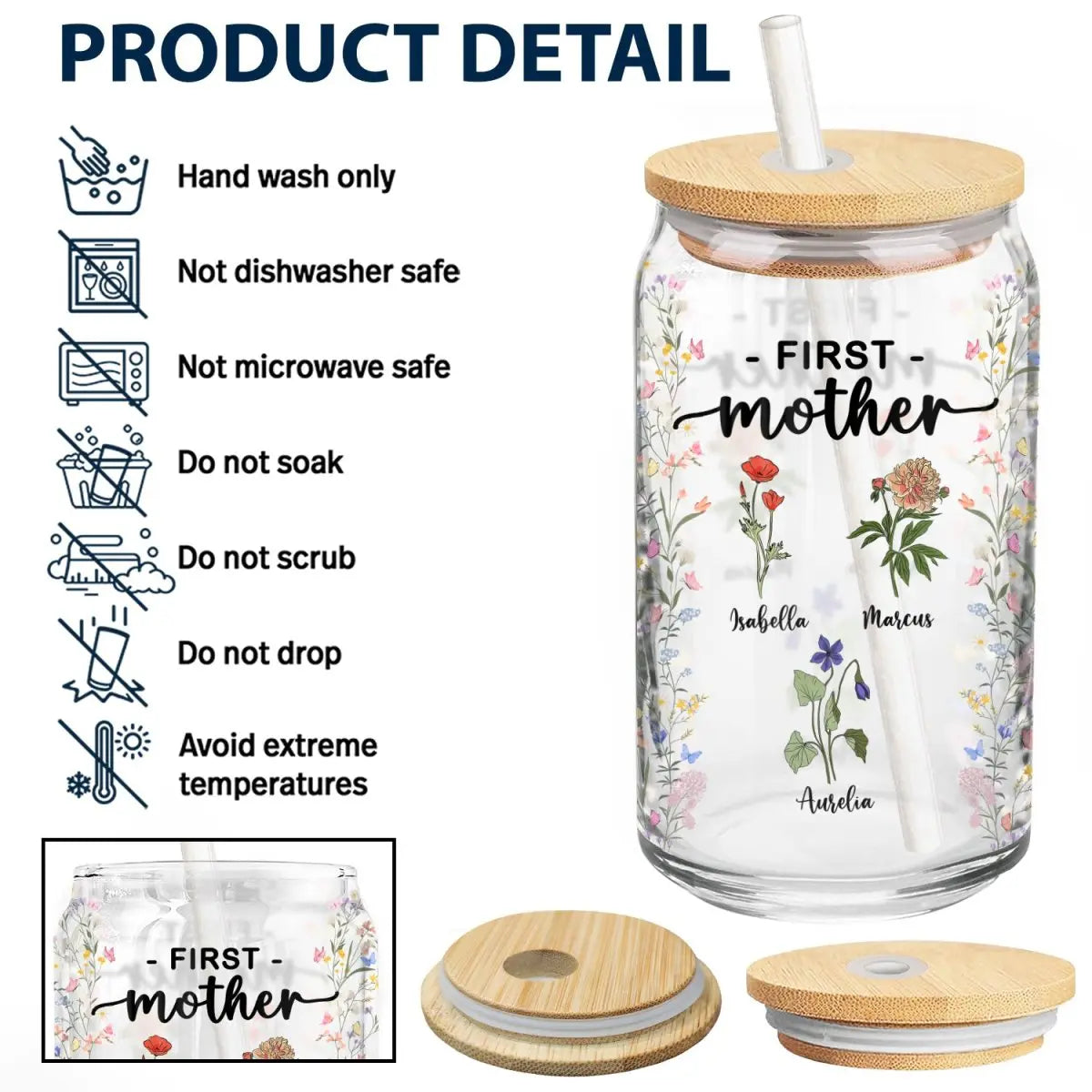 Mother - First Mom Now Grandma Birth Month Flowers - Personalized Clear Glass Can Glass Can The Next Custom Gift