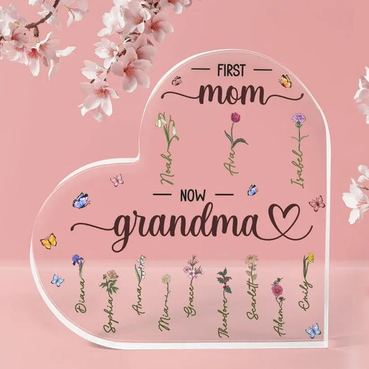 Mother - First Mom Now Grandma - Personalized Heart Acrylic Plaque Acrylic Plaque The Next Custom Gift