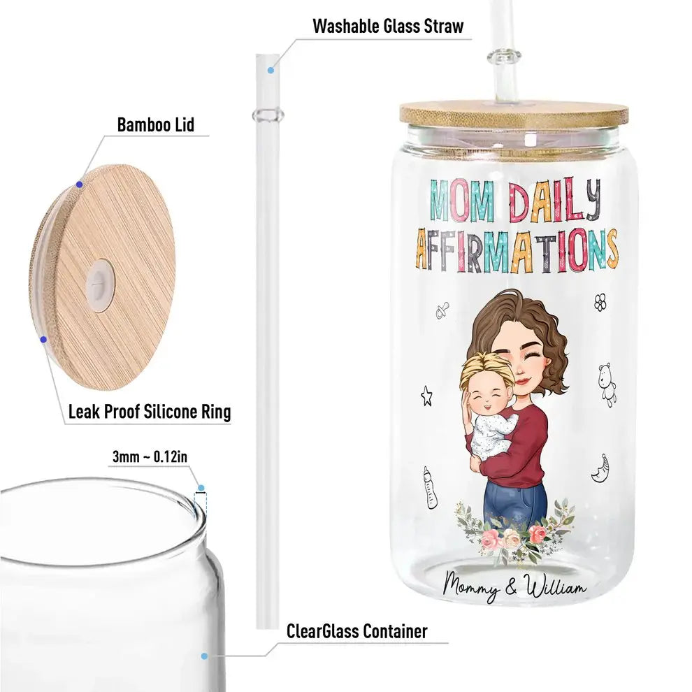 Mother -  Happy First Mother's Day Mom Daily Affirmations - Personalized Clear Glass Can (VT) Glass Can The Next Custom Gift