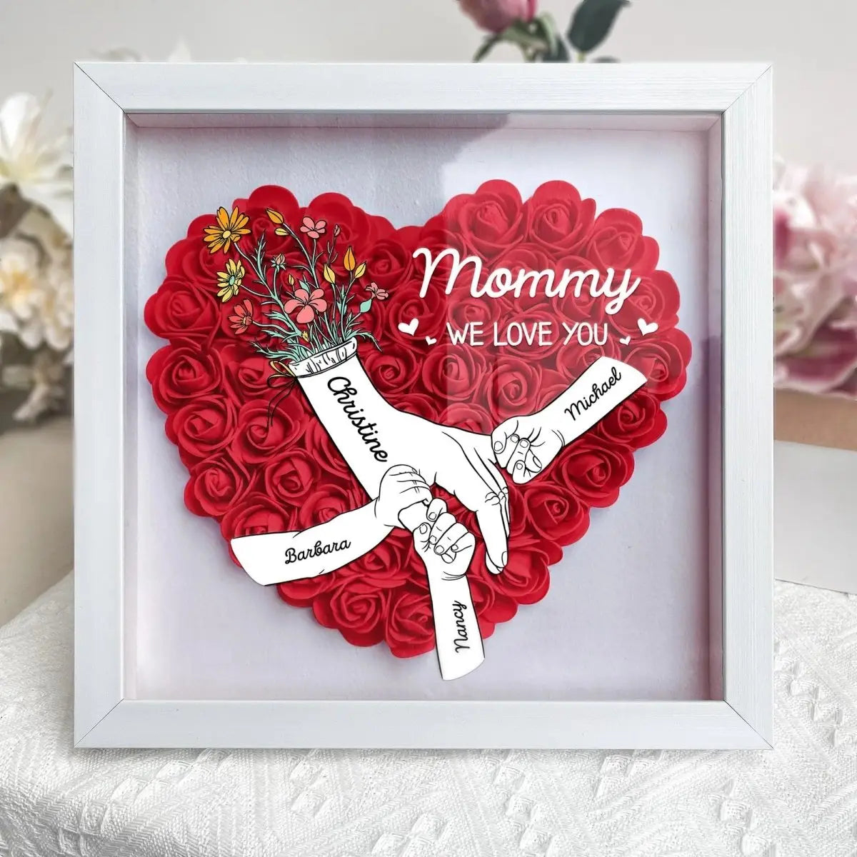 Mother - We Love You Mommy Hand Holding - Personalized Flower Shadow Box (HJ) Personalized Flower Shadow Box The Next Custom Gift