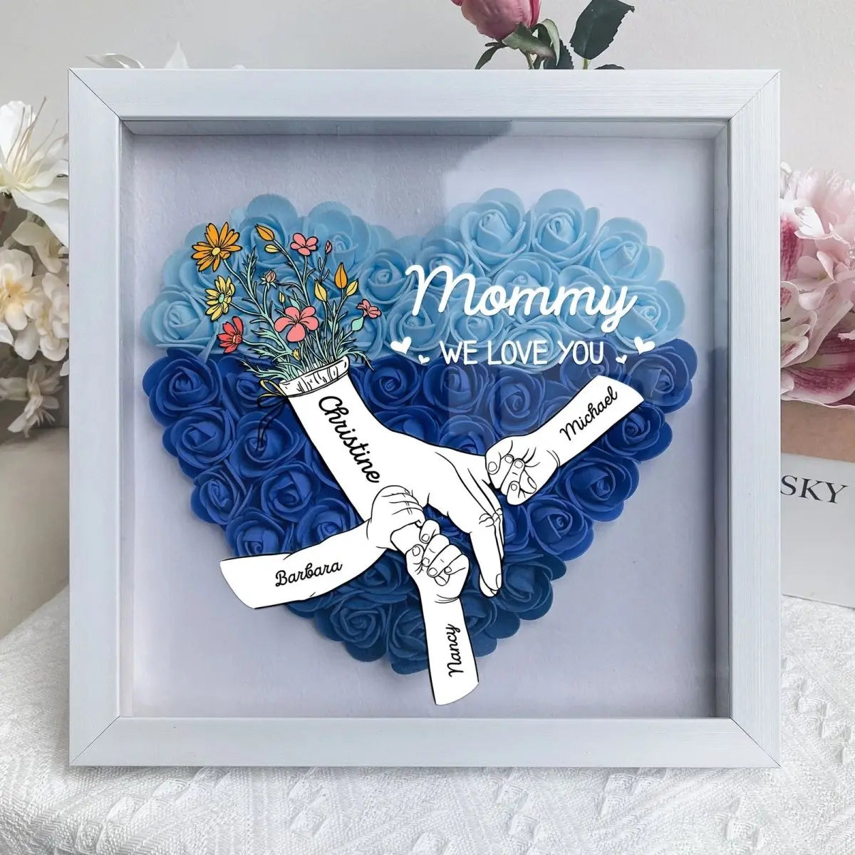 Mother - We Love You Mommy Hand Holding - Personalized Flower Shadow Box (HJ) Personalized Flower Shadow Box The Next Custom Gift