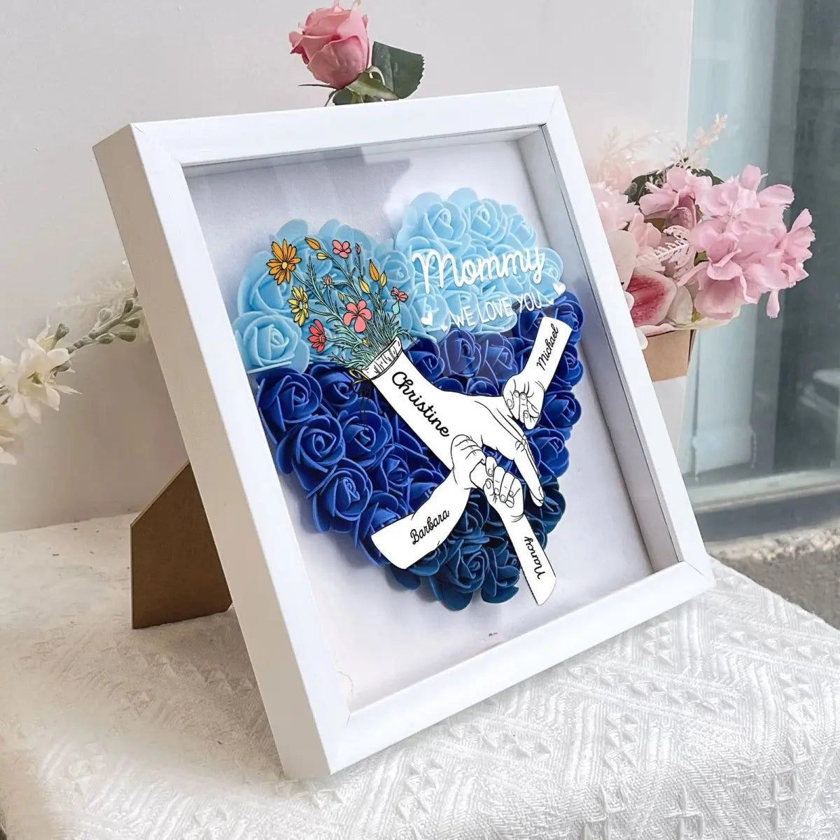 Mother - We Love You Mommy Hand Holding - Personalized Flower Shadow Box (HJ) Personalized Flower Shadow Box The Next Custom Gift