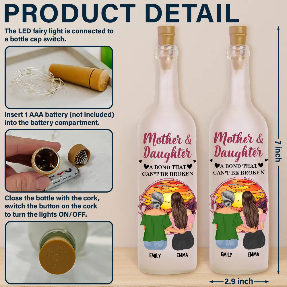 Gift For Mother, Mom - Daughters (Adult), Happy - Mother & Daughters A Bond That Can't Be Broken Background - Personalized Bottle Light