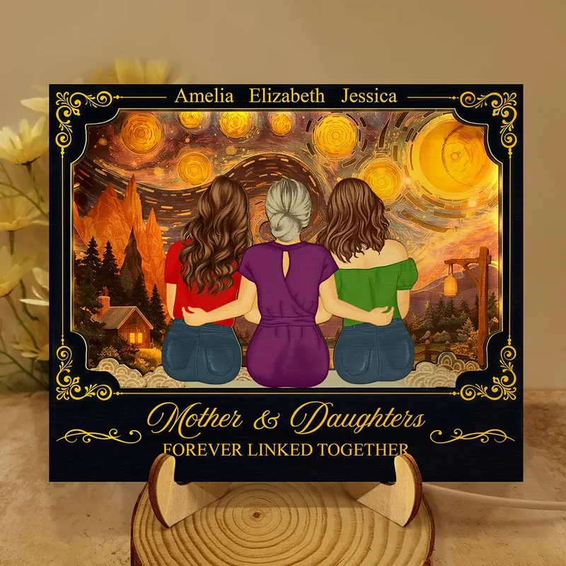 Mother & Daughters Forever Linked Together - Personalized LED Light Wooden Plaque