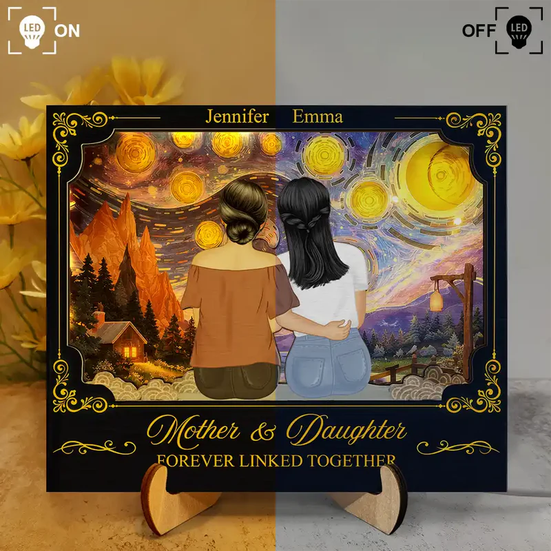 Mother & Daughters Forever Linked Together - Personalized LED Light Wooden Plaque