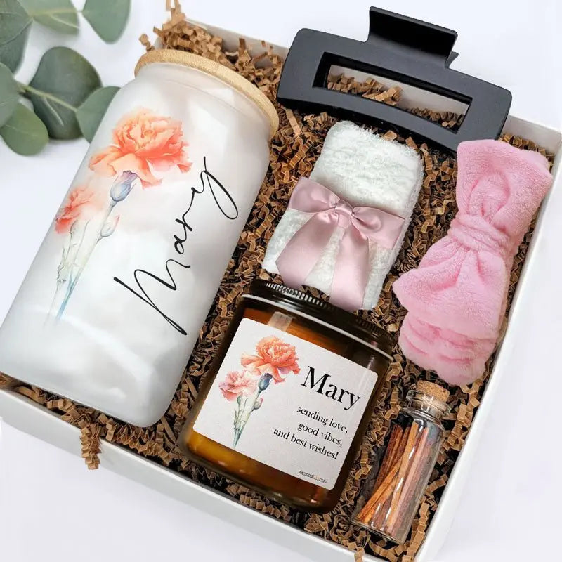 Mother's Day - Blooms Of The Month Gift Box, Personalized Glass And Scented Candle, Gift For Mom Candle The Next Custom Gift