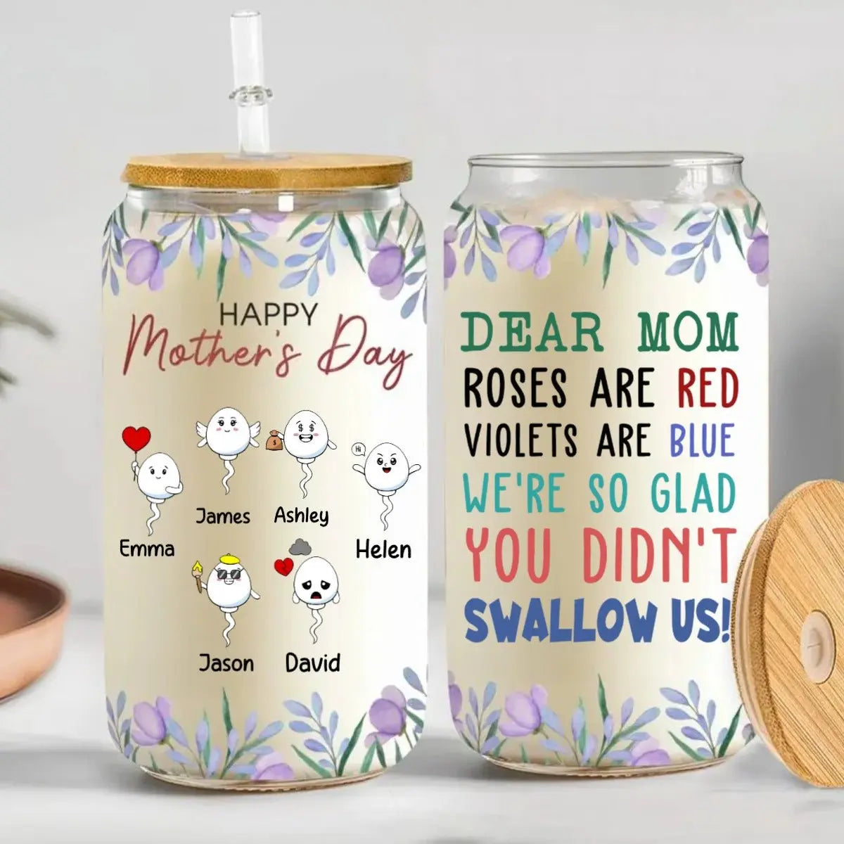 Mother's Day - Dear Mom We're So Glad You Didn't Swallow Us - Personalized Clear Glass Can Glass Can The Next Custom Gift