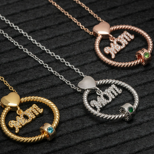 Mother's Day Gift Engraved Names - Personalized Circle Pendant With Birthstone Beads Necklace