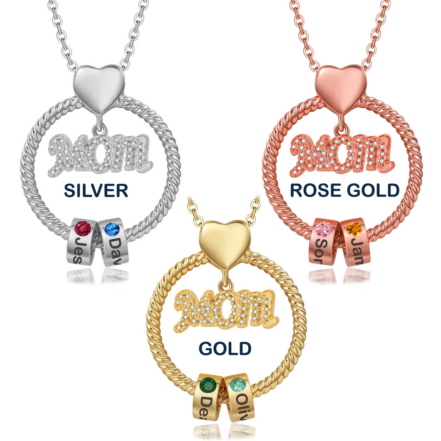 Mother's Day Gift Engraved Names - Personalized Circle Pendant With Birthstone Beads Necklace