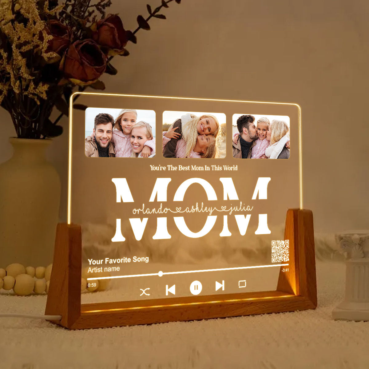 Customize with a Song That Speaks Your Heart, Personalized Photo LED Night Light, Mother's Day Gift for Mom, Scannable QR Code