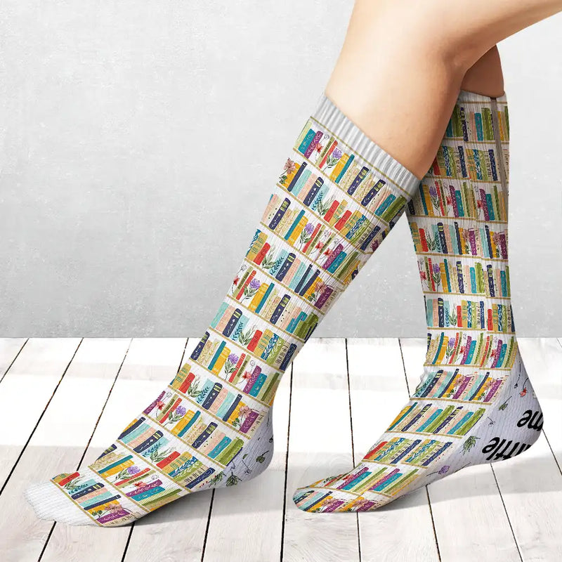 My Reading Socks Reading Girl With Birth Month Flower - Personalized Socks