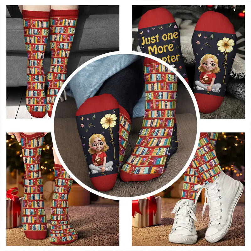 My Reading Socks Reading Girl With Birth Month Flower - Personalized Socks