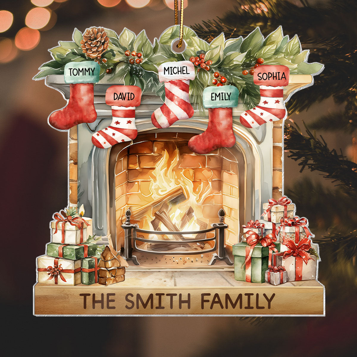 Vintage Christmas Stockings Fireplace Family Names Personalized Acrylic Ornament, Christmas Gift For Family