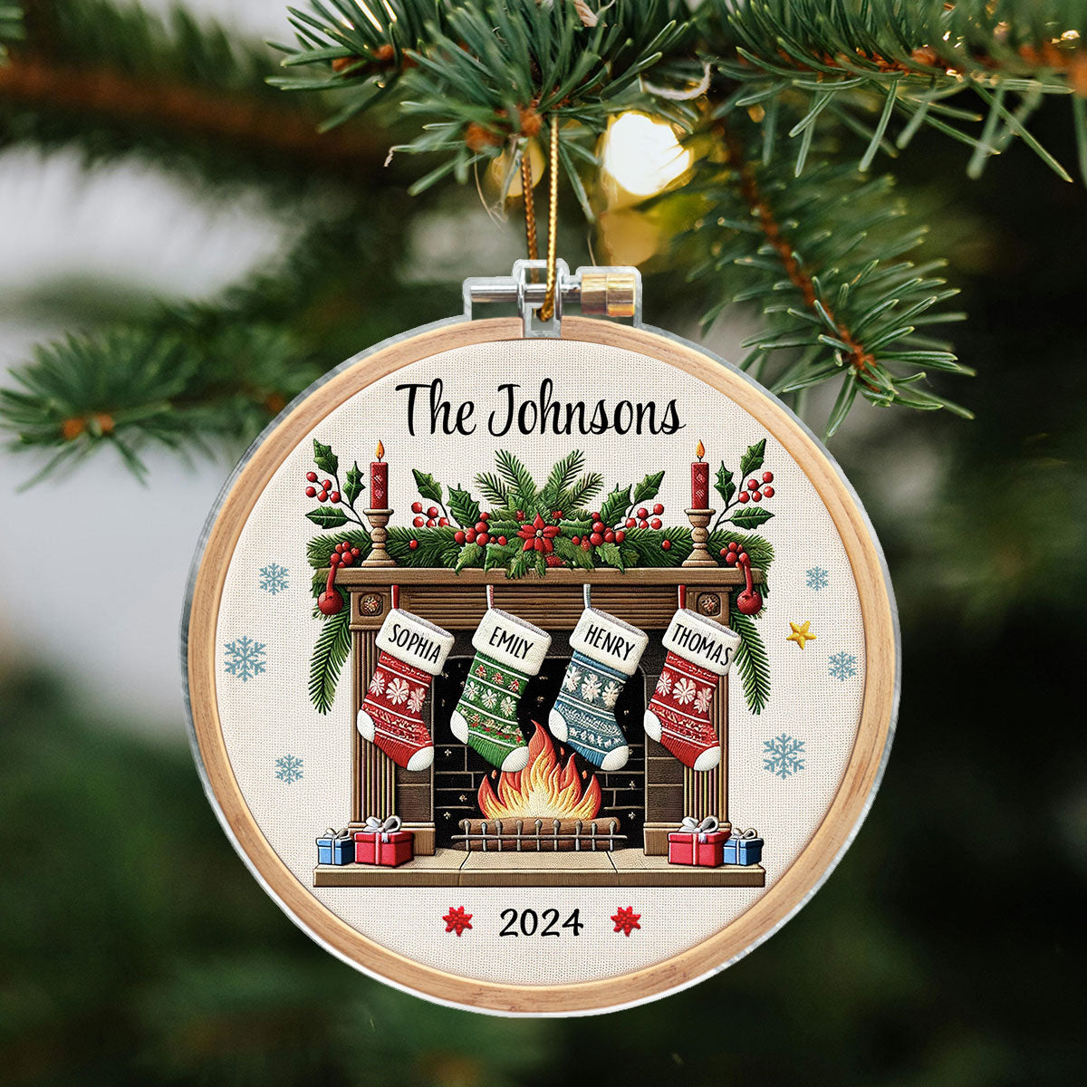 Christmas Festive Fireplace Family Christmas Stockings On Mantel Embroidery Effect Personalized Acrylic Ornament