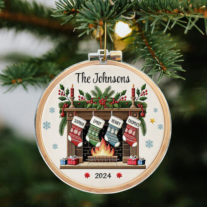 Christmas Festive Fireplace Family Christmas Stockings On Mantel Embroidery Effect Personalized Acrylic Ornament