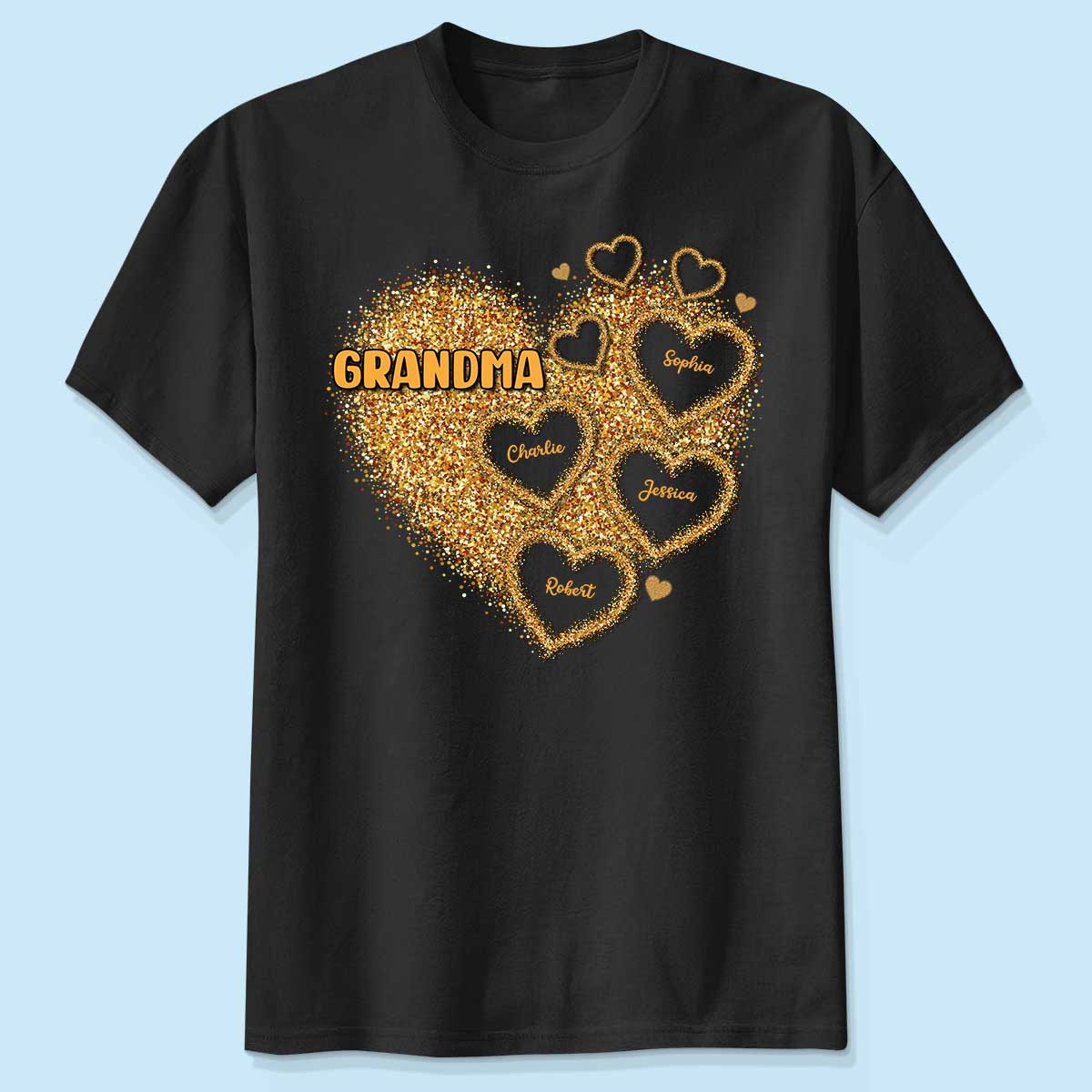 Grandma Mom Gold Glitter Heart Personalized Shirt, Gift For Grandma