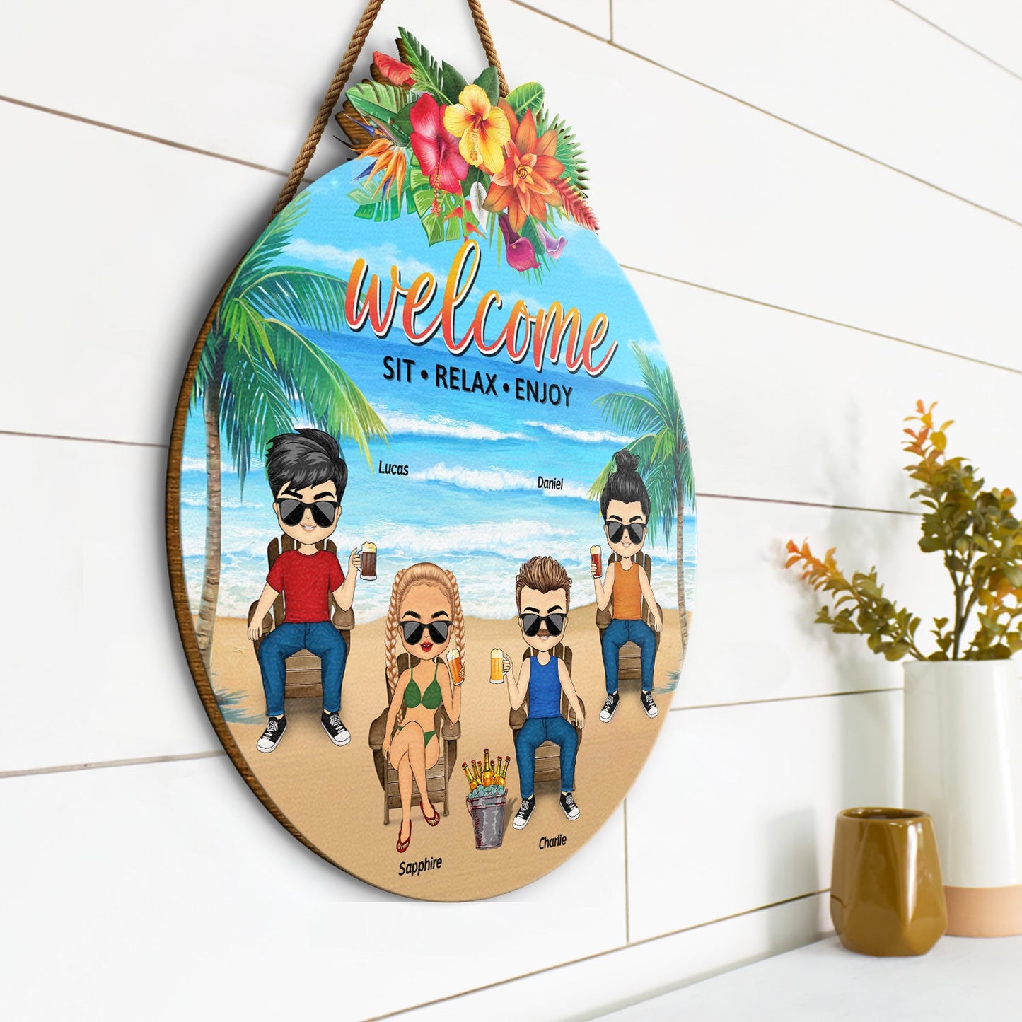 Welcome Sit Relax Enjoy Summer Beach - Birthday, Decor Gift For Wife, Husband, Couple, Family - Personalized Custom Shaped Wood Sign