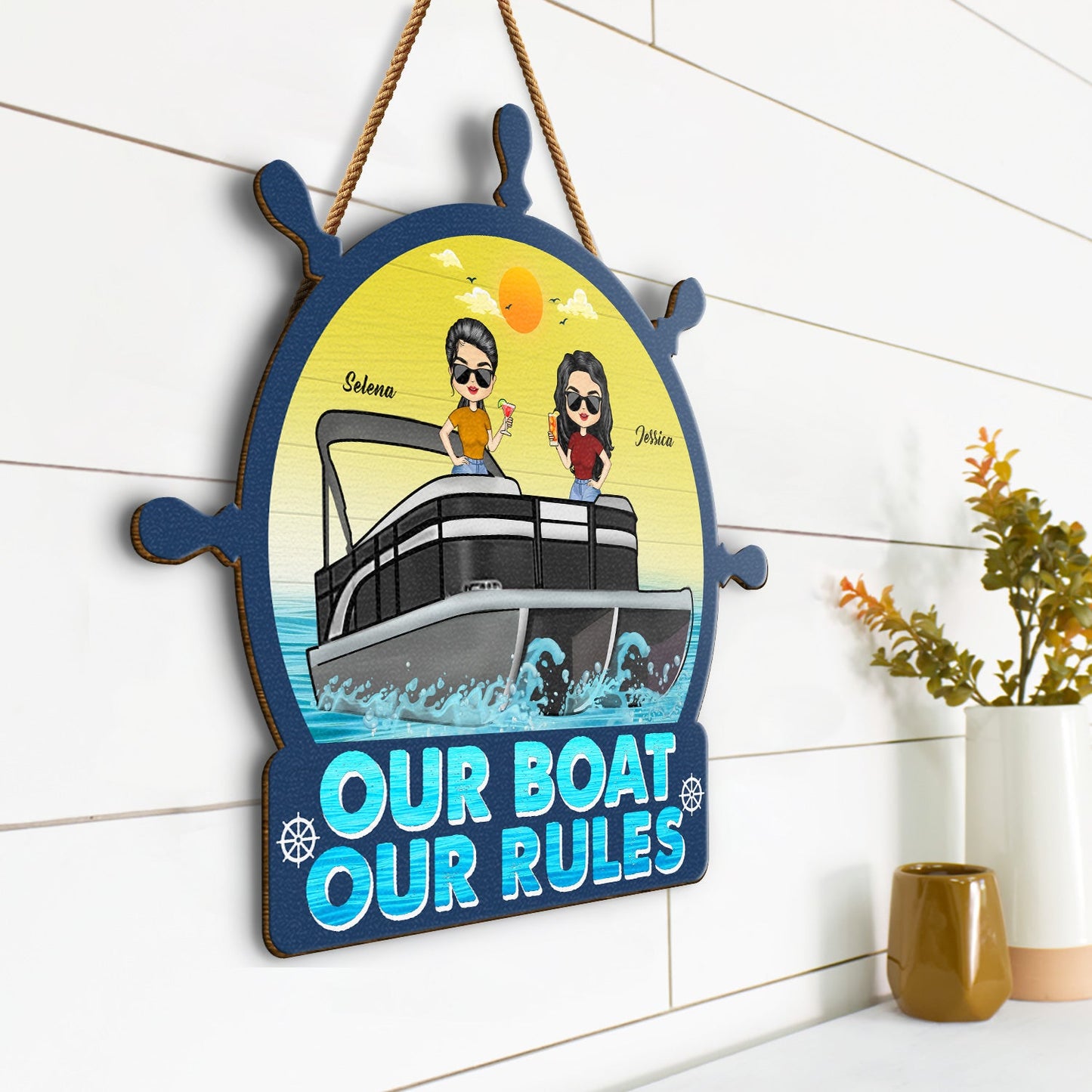 Our Boat Our Rules - Birthday, Decor Gift For Yourself, Couples, Pontoon Lovers - Personalized Custom Shaped Wood Sign