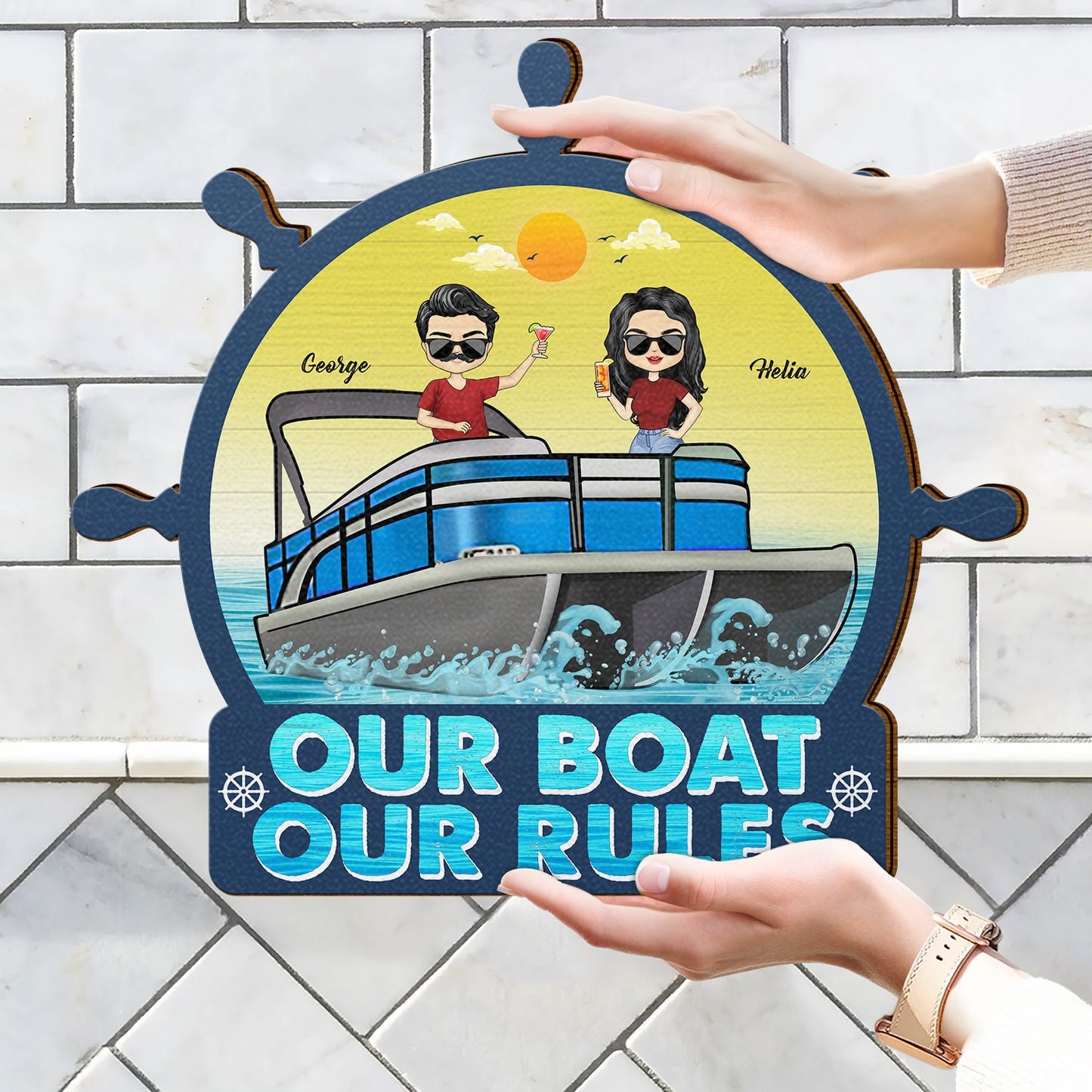 Our Boat Our Rules - Birthday, Decor Gift For Yourself, Couples, Pontoon Lovers - Personalized Custom Shaped Wood Sign