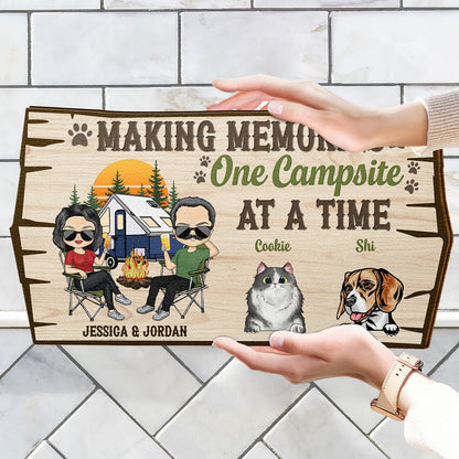 Welcome To Our Campsite Protected By Dogs Cats Pets - Gift For Couples, Campers, Camping Lovers, Travelers - Personalized Custom Shaped Wood Sign