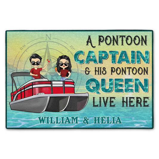 A Pontoon Captain & His Pontoon Queen Live Here - Decor Gift For Couples, Husband, Wife, Pontooning Lovers - Personalized Custom Doormat