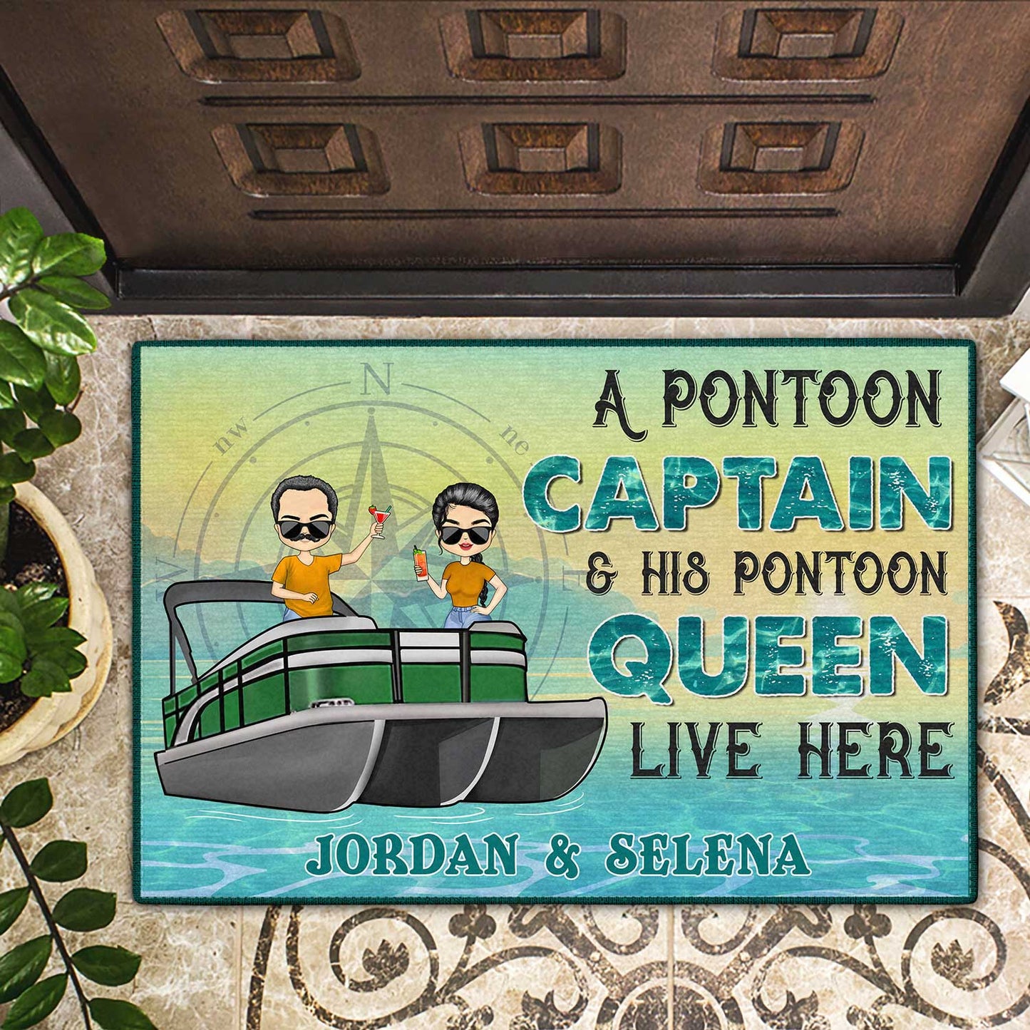 A Pontoon Captain & His Pontoon Queen Live Here - Decor Gift For Couples, Husband, Wife, Pontooning Lovers - Personalized Custom Doormat