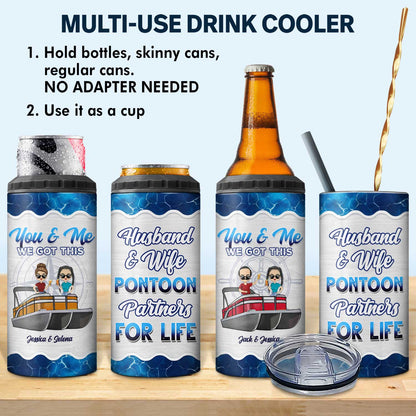 Boating Husband & Wife Pontoon Partners For Life - Traveling, Cruising Gift For Couples, Pontooning Lovers, Lake Lovers, Travelers - Personalized Custom 4 In 1 Can Cooler Tumbler