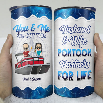 Boating Husband & Wife Pontoon Partners For Life - Traveling, Cruising Gift For Couples, Pontooning Lovers, Lake Lovers, Travelers - Personalized Custom 4 In 1 Can Cooler Tumbler