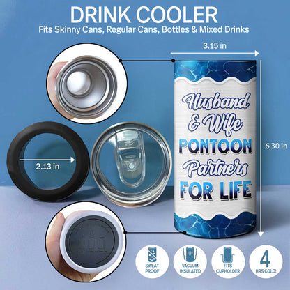 Boating Husband & Wife Pontoon Partners For Life - Traveling, Cruising Gift For Couples, Pontooning Lovers, Lake Lovers, Travelers - Personalized Custom 4 In 1 Can Cooler Tumbler